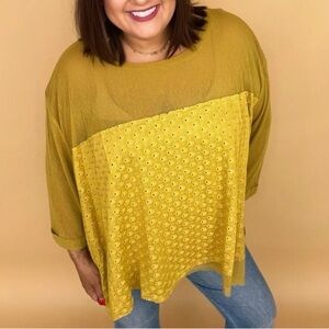 Oli & Hali Size M/L Mustard Sheer Layered Eyelet Top Boho Oversized Tunic